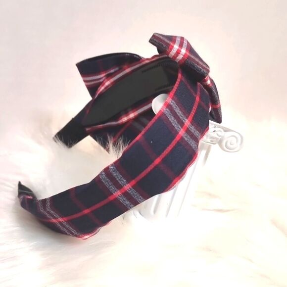 PLAID SIDE BOW HEADBAND navy blue white red fabric - Picture 3 of 6